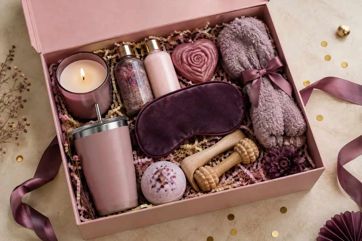 Coffret de bain rose avec bougie, soins, accessoires de détente et gobelet isotherme à paille