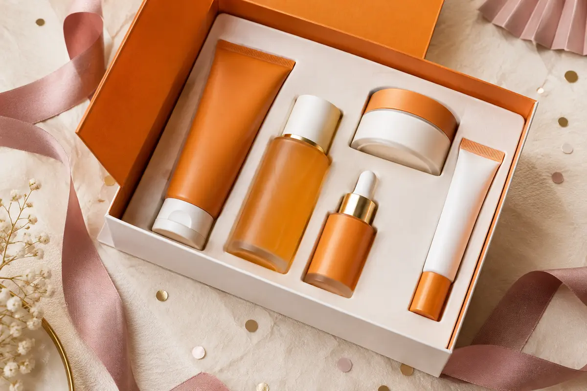 Coffret cadeau de soins du visage orange et blanc avec cinq produits disposés sur un fond ivoire décoré