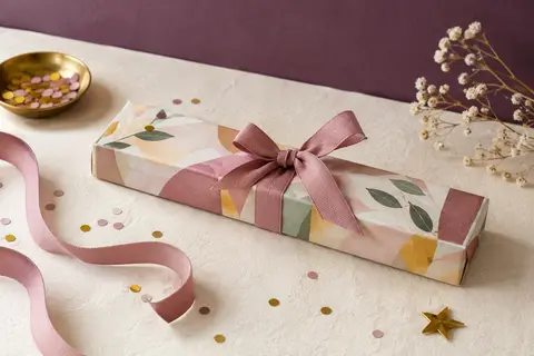 Coffret cadeau multicolore pour une activité sportive, présenté sur un fond ivoire avec un ruban festif.