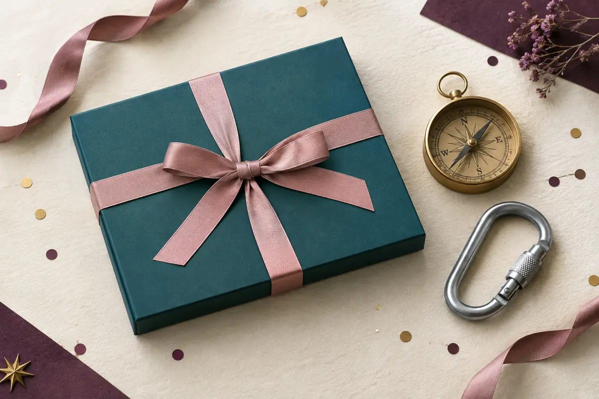 Coffret cadeau plat bleu canard uni noué d’un ruban vieux rose, posé sur du papier ivoire à côté d’une boussole en laiton et d’un mousqueton argenté.