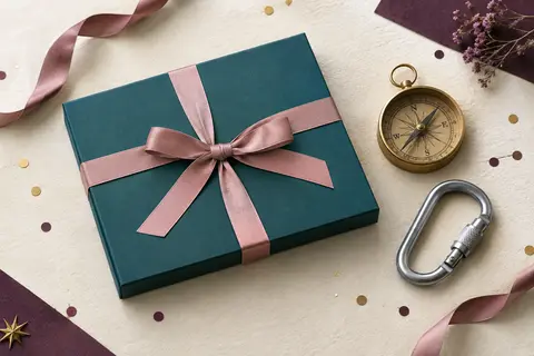Coffret cadeau plat bleu canard uni noué d’un ruban vieux rose, posé sur du papier ivoire à côté d’une boussole en laiton et d’un mousqueton argenté.