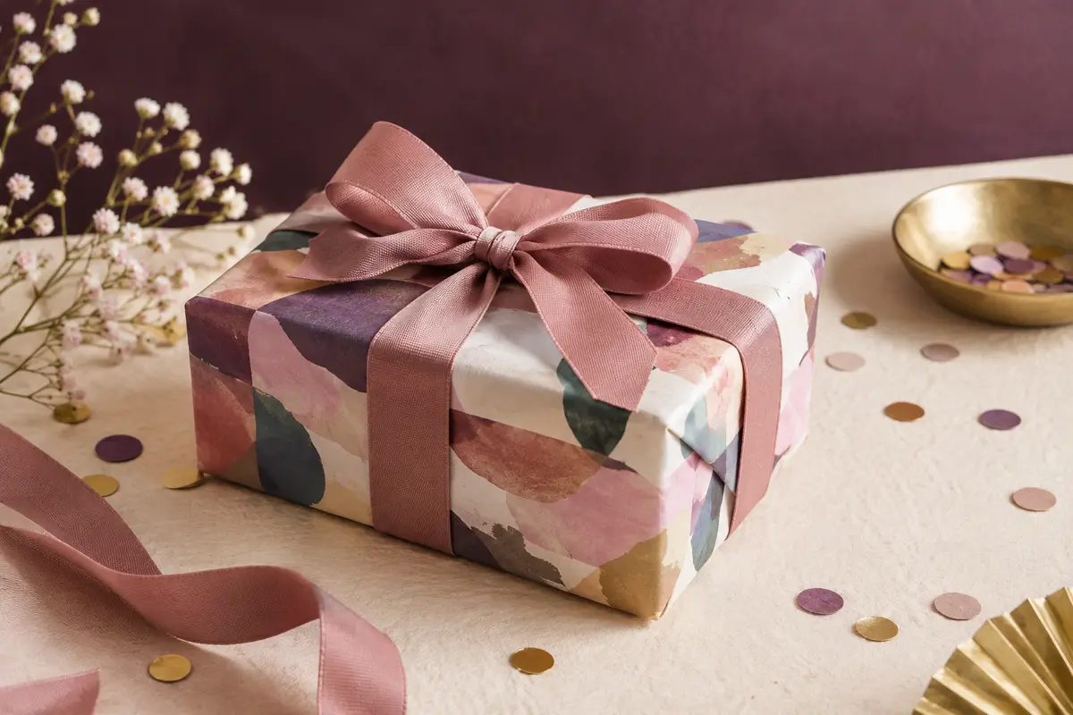 Coffret-cadeau rectangulaire multicolore posé sur un papier ivoire avec ruban vieux rose et confettis