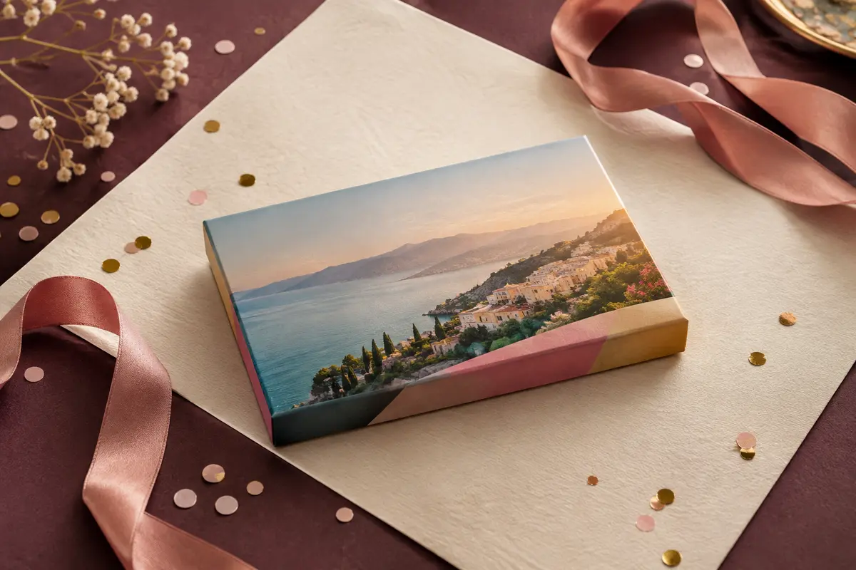 Coffret cadeau multicolore pour un séjour bien-être à deux, posé sur un fond ivoire avec ruban et confettis