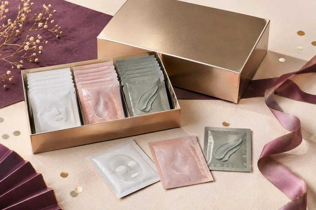 Coffret métallique de masques visage en tissu, gel et argile présenté sur un fond ivoire festif
