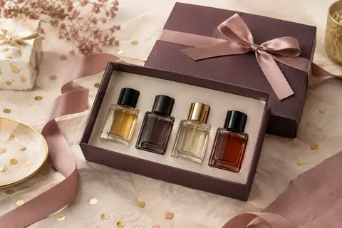 Coffret de parfum homme avec quatre petits flacons posé sur un papier ivoire et un ruban de fête