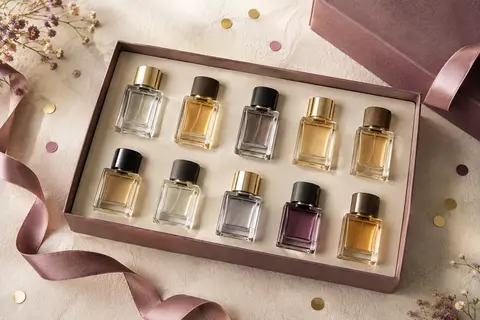 Dix flacons de parfum pour homme disposés sur un fond ivoire avec un ruban et des confettis discrets