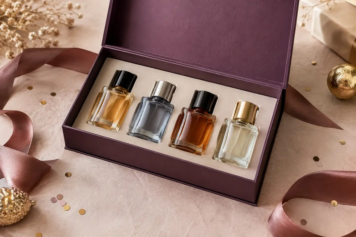 Coffret de quatre petits flacons de parfum pour homme présenté sur un fond ivoire décoré de touches festives.