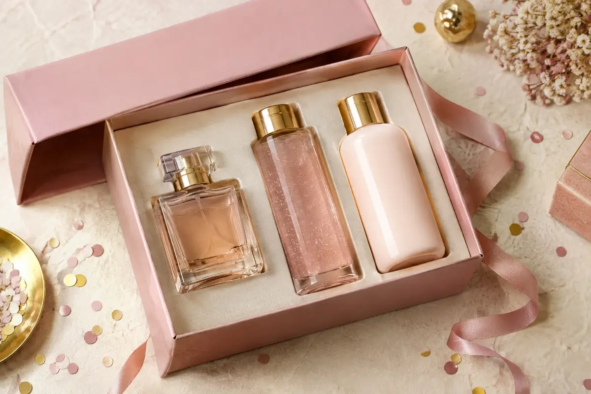 Coffret cadeau rose avec eau de toilette, gel douche et lait pour le corps