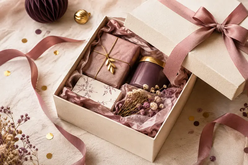 Coffret cadeau ouvert, ruban vieux rose et papier texturé dans une composition lumineuse et soignée.