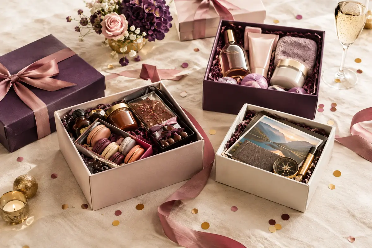 Mise en scène de coffrets d’anniversaire aux accents gourmands et beauté, prêts à être offerts.